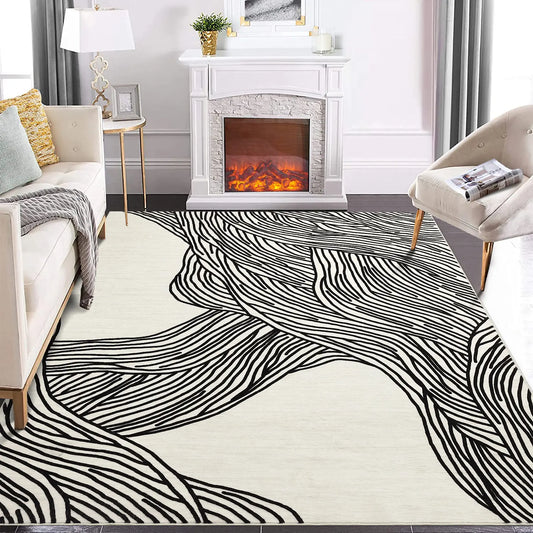 Cream Area Rug with Black Wavy Line Pattern