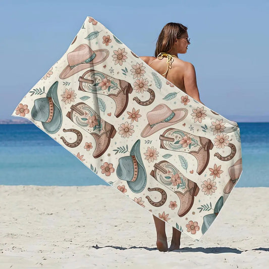 Cream Beach Towel with Boots and Hats Print