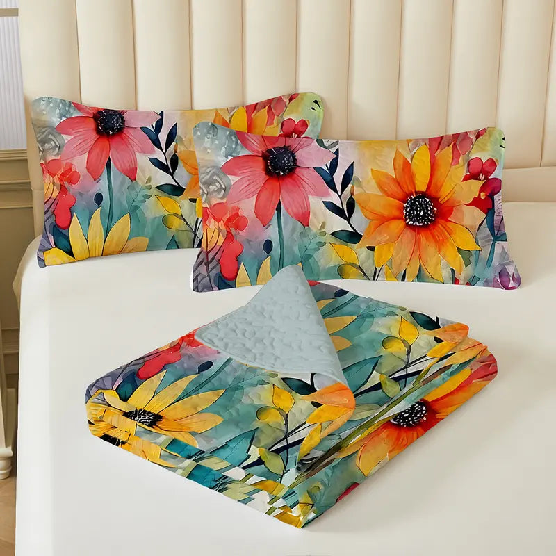 Quilted Bedspread Set with Sunflower Print