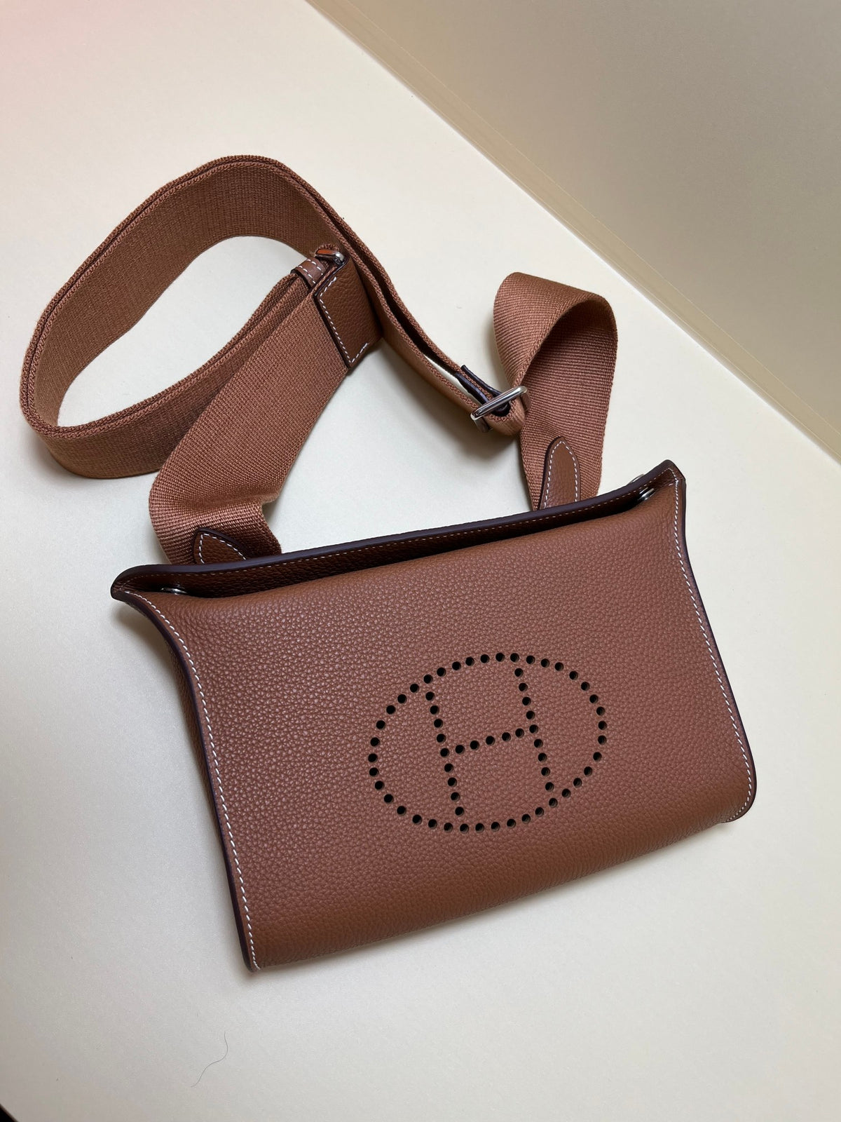 Small Brown Perforated Leather Crossbody Bag with Shoulder Strap