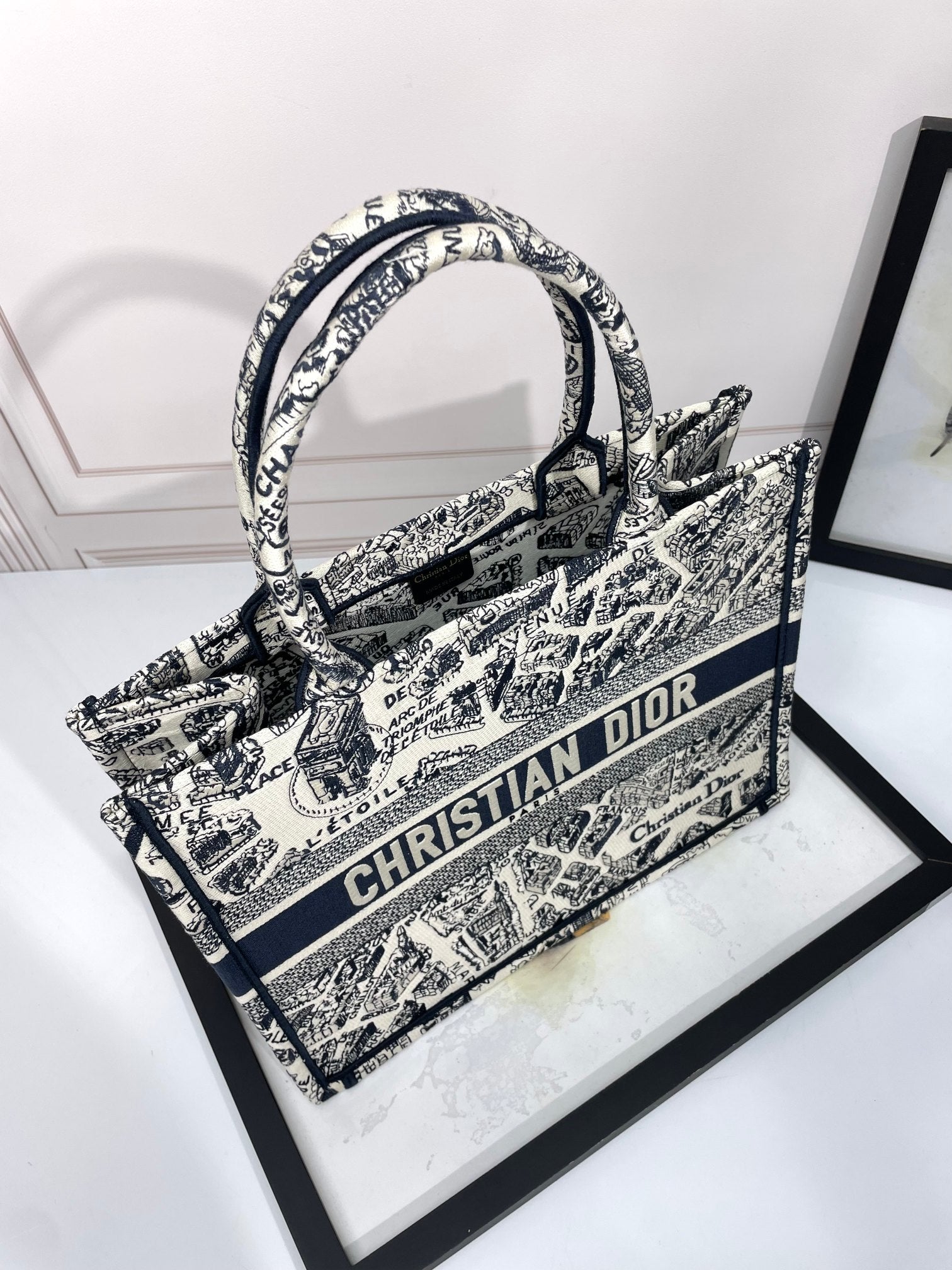 Dior Monochrome Map Pattern Large Canvas Tote Bag with Handles
