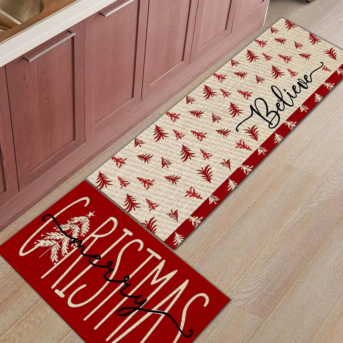 Red and Beige Tree Print Kitchen Floor Mats