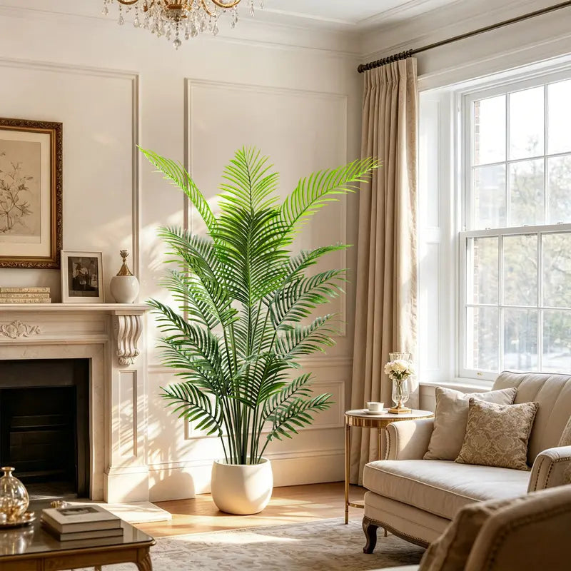 Faux Palm Plant with Long Green Fronds in White Pot
