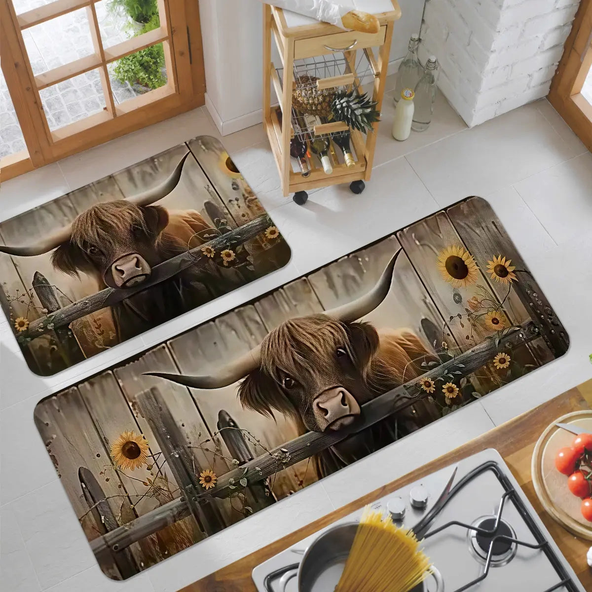 Highland Cattle Print Kitchen Floor Mat Set
