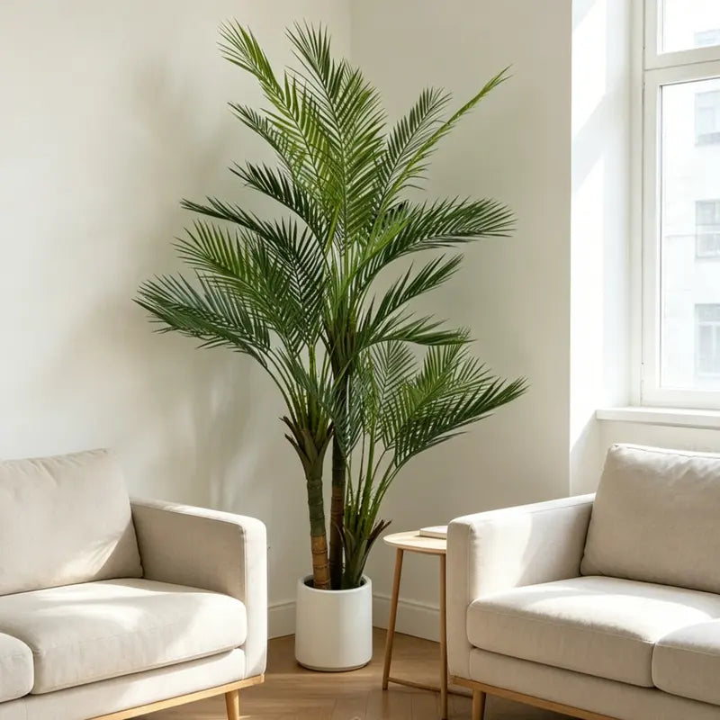 Tall Artificial Palm Tree with Multiple Trunks in Black Pot