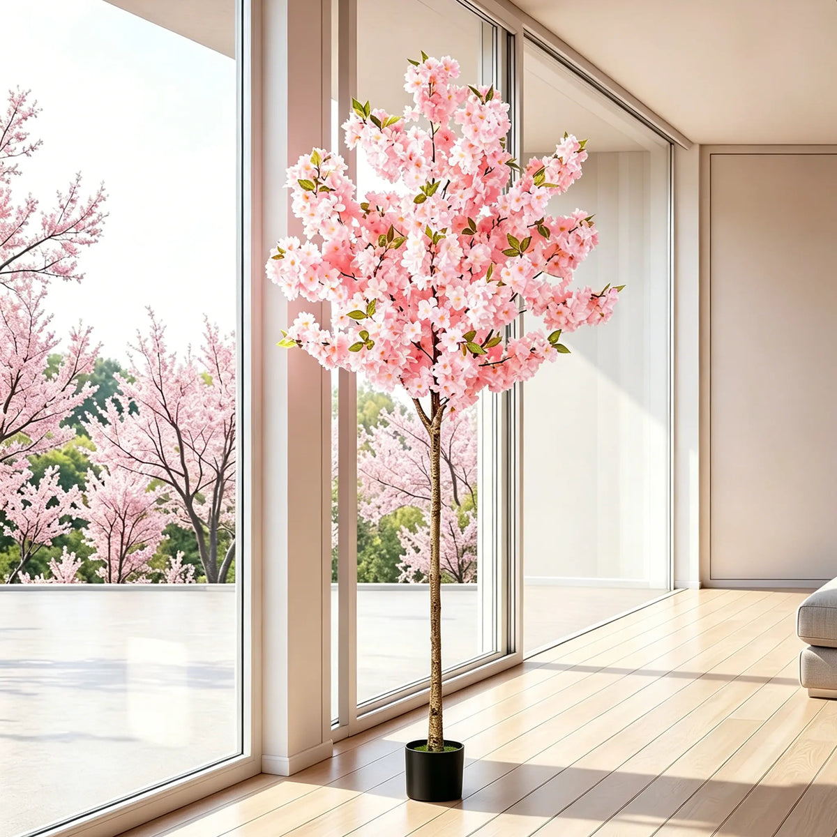 Tall Artificial Cherry Blossom Tree in Black Pot