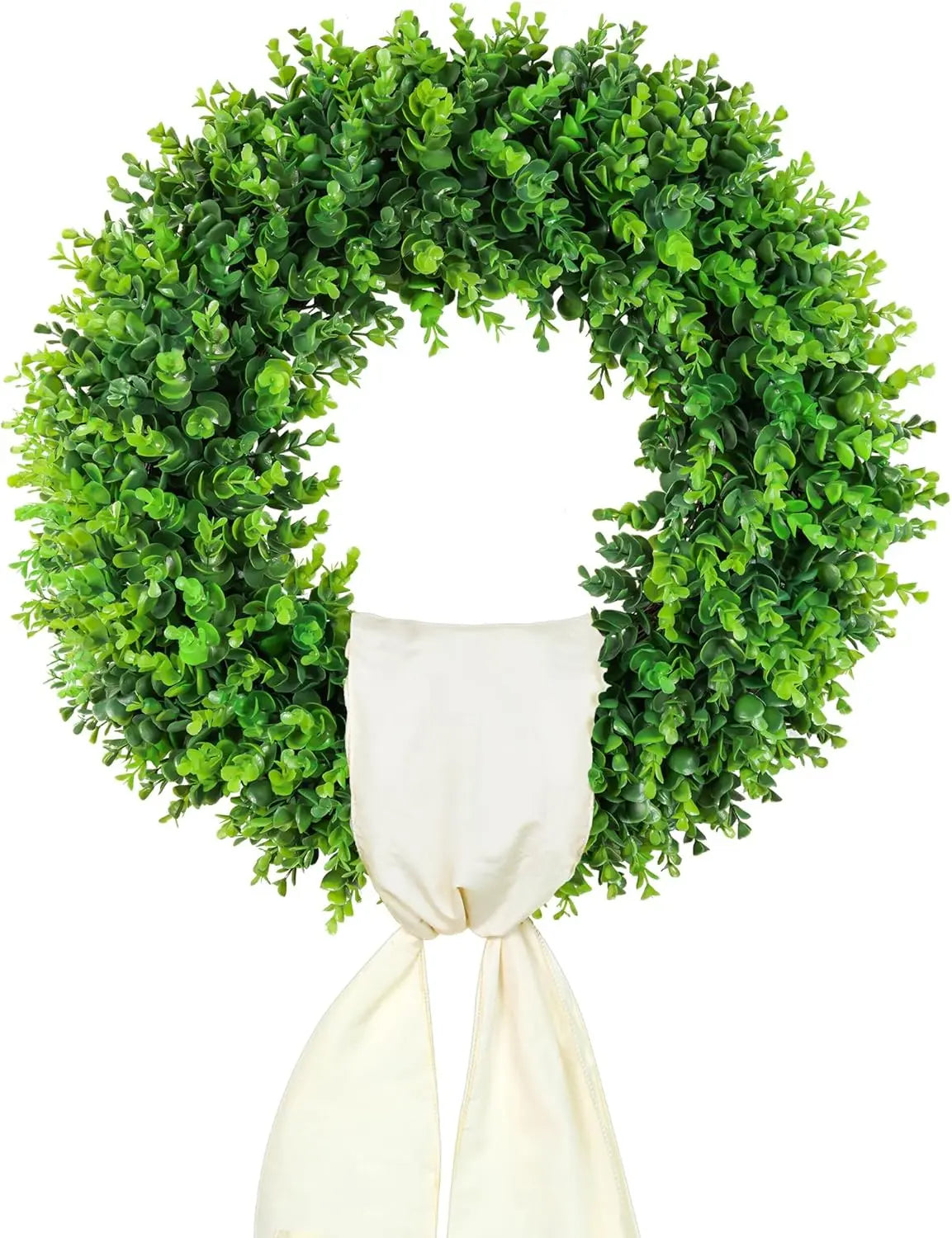 Round Green Boxwood Wreath with Cream Ribbon