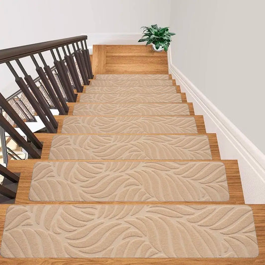 Beige Leaf-Embossed Adhesive Stair Tread Rugs