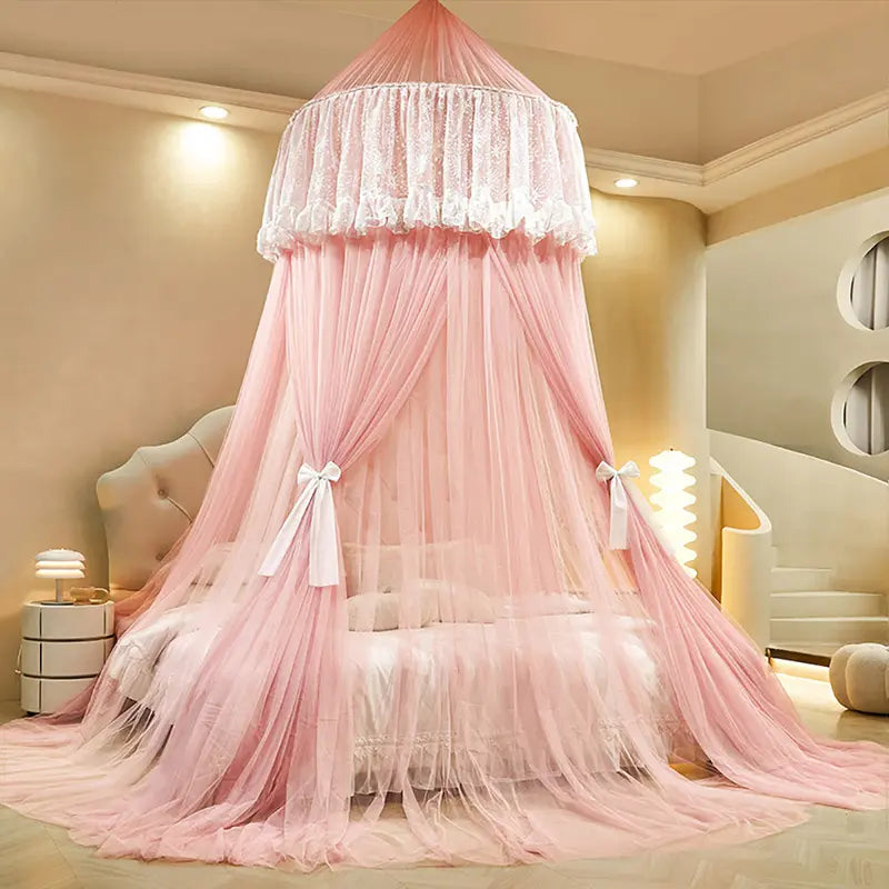 White Lace Dome Bed Canopy With Mesh Drape