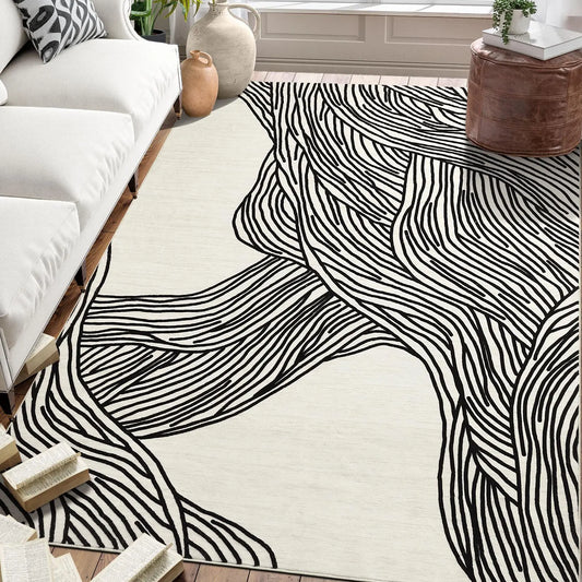 Cream Area Rug with Black Wavy Line Pattern