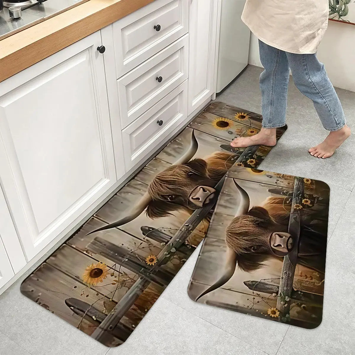 Highland Cattle Print Kitchen Floor Mat Set