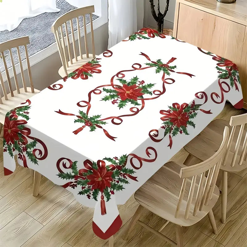 White Rectangular Tablecloth with Red Ribbon and Holly Print