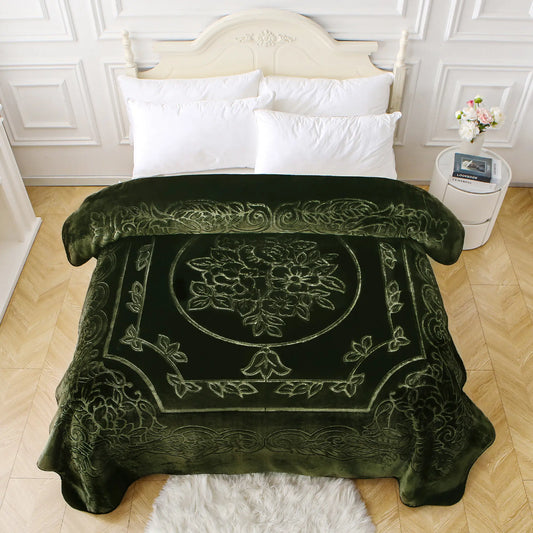 Dark Green Embossed Floral Plush Bed Blanket