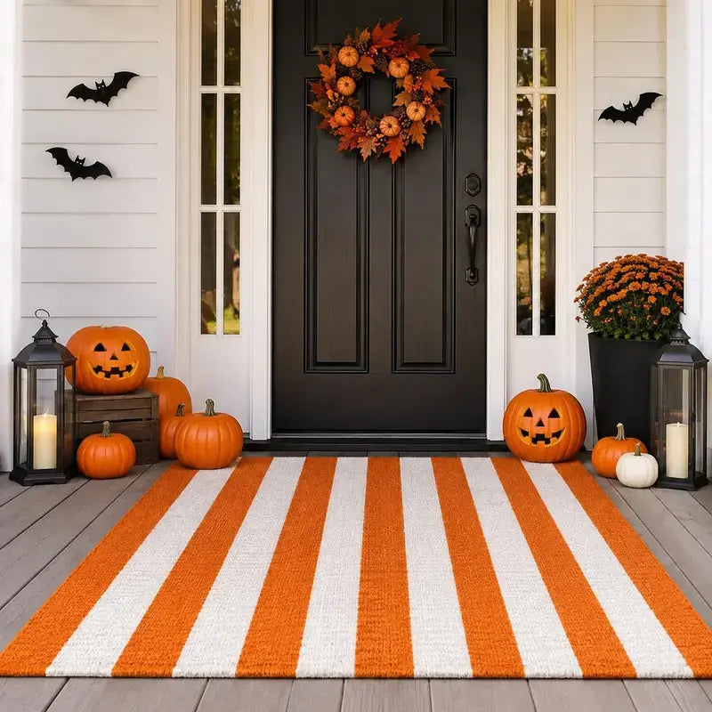 Orange and White Striped Cotton Doormat Runner