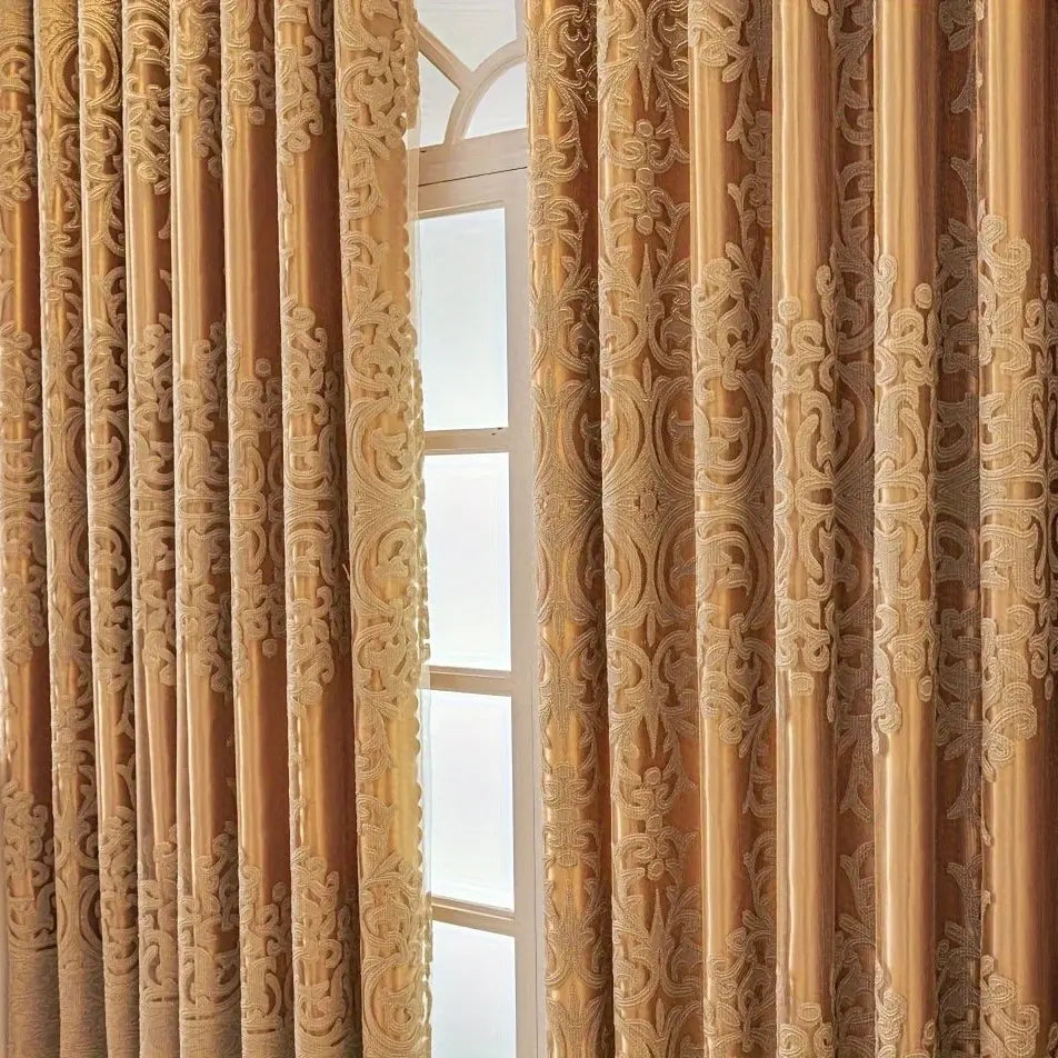 Gold Embroidered Curtains with Sheer Layer and Swag Valance