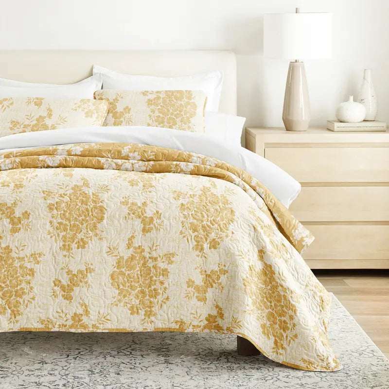 Yellow Floral Reversible Quilted Coverlet with Shams