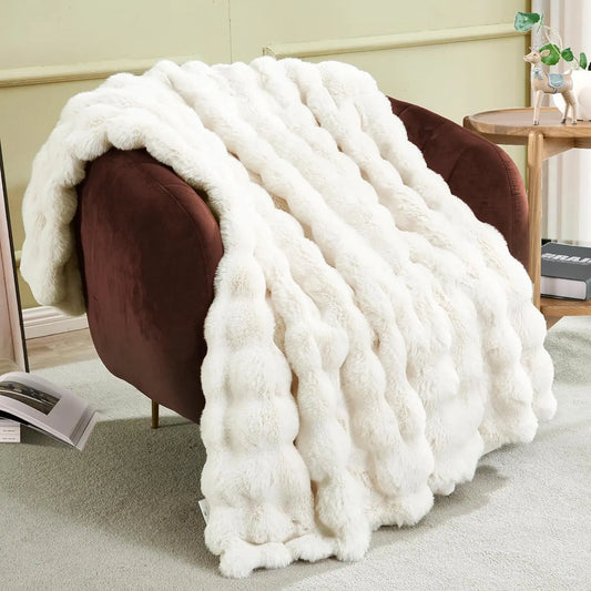 Cream Textured Faux Fur Throw Blanket With Bubble Pattern