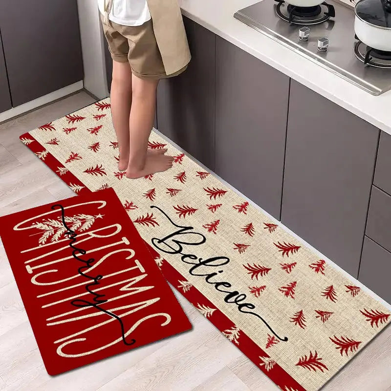 Red and Beige Tree Print Kitchen Floor Mats