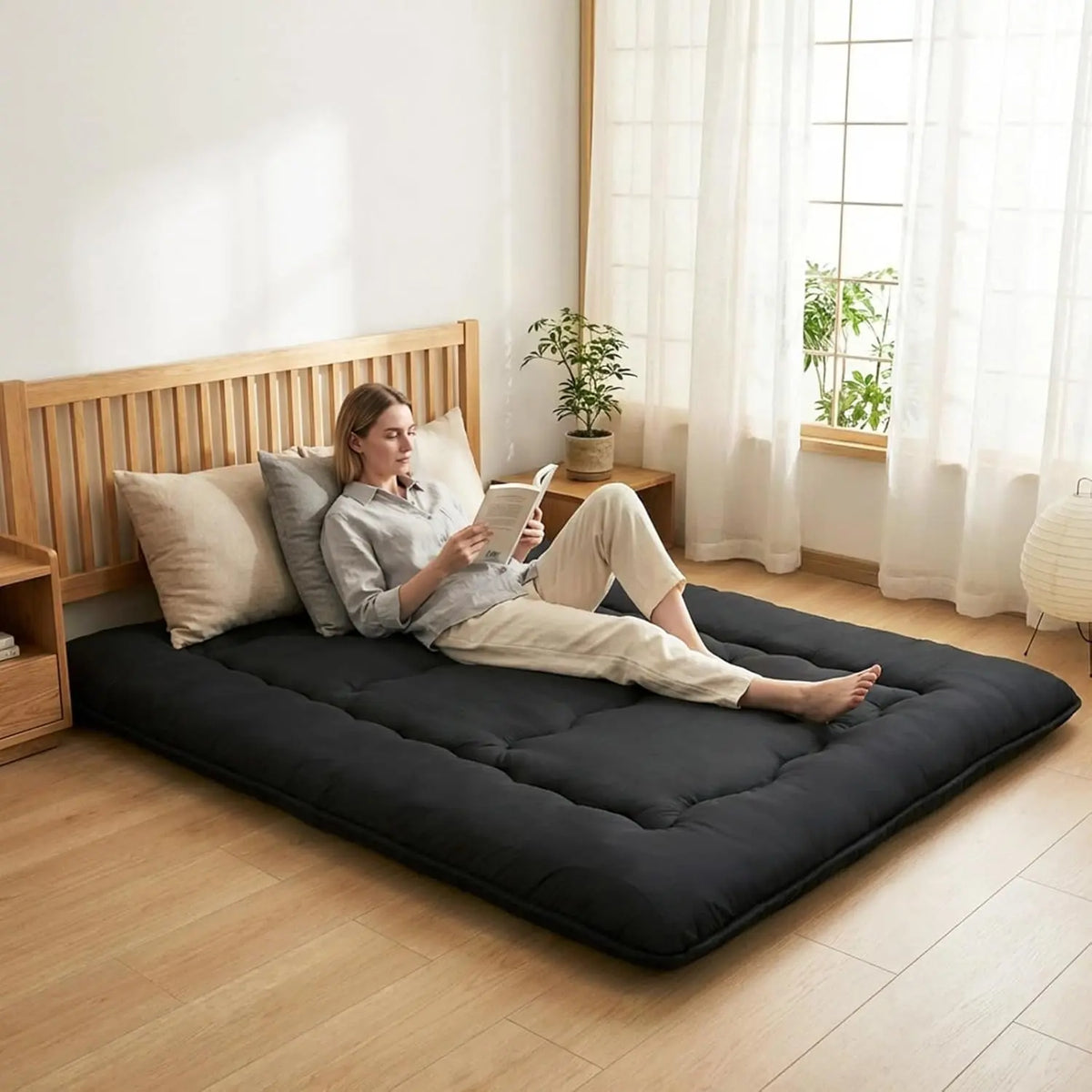 Black Quilted Floor Mattress with Tufted Top
