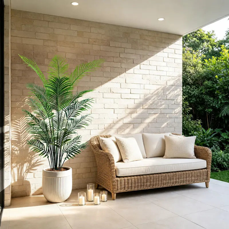 Faux Palm Plant with Long Green Fronds in White Pot