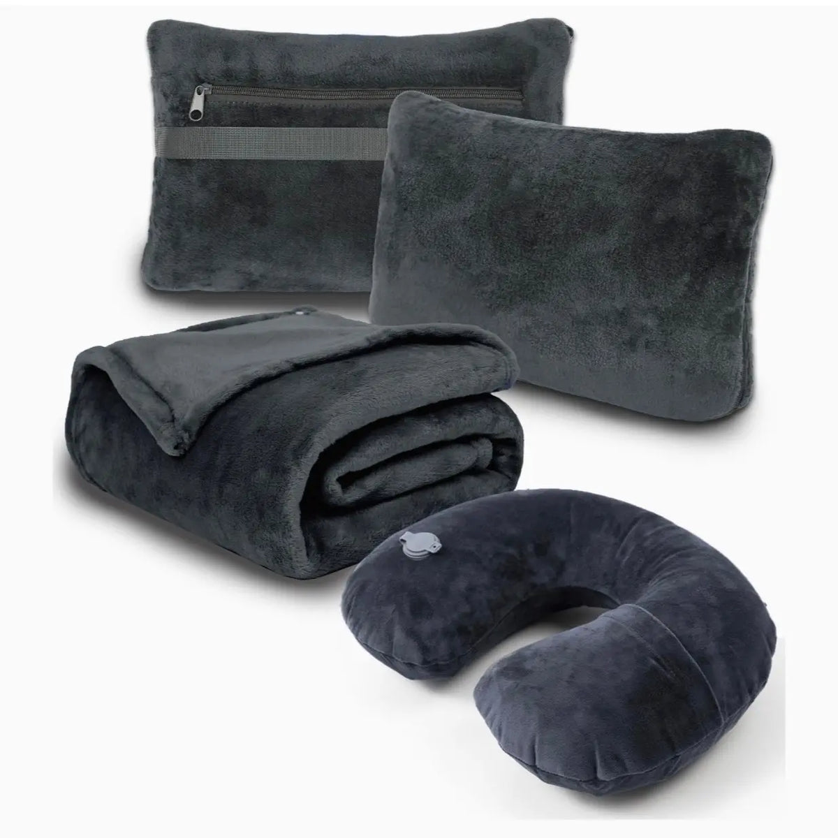 Grey Fleece Travel Blanket and Neck Pillow Set