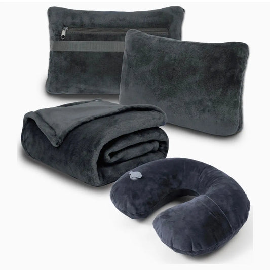 Grey Fleece Travel Blanket and Neck Pillow Set