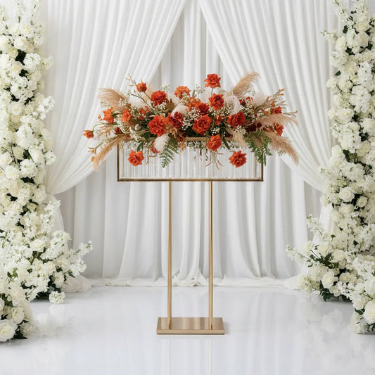 Gold Metal Rectangular Flower Stand with Glass Top