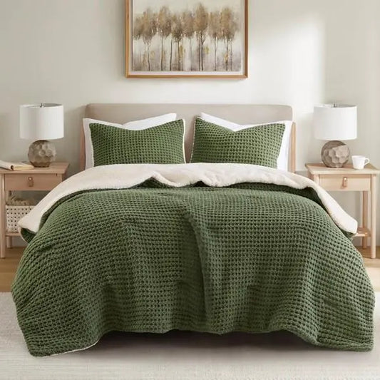 Olive Green Waffle Weave Comforter Set with Shams