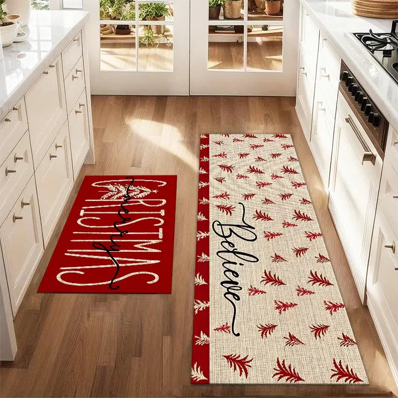 Red and Beige Tree Print Kitchen Floor Mats
