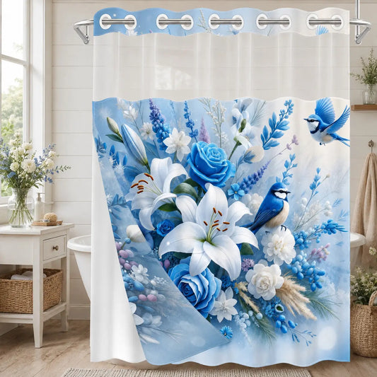 Blue Floral Shower Curtain with Sheer Top and Liner