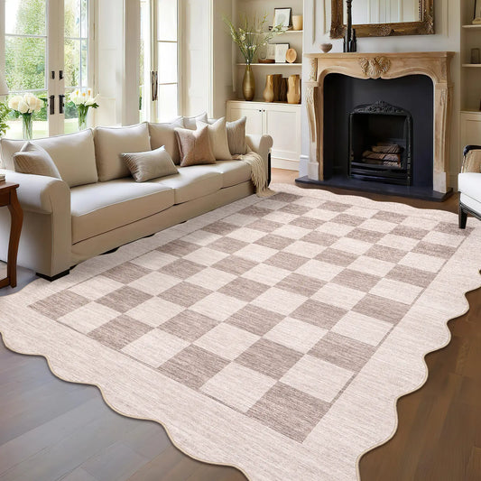 Beige Checkerboard Area Rug with Wavy Edge