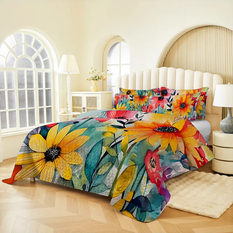 Quilted Bedspread Set with Sunflower Print