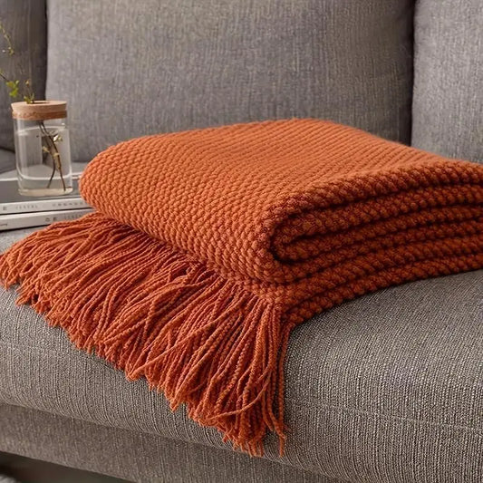 Rust Orange Knit Throw with Long Fringe
