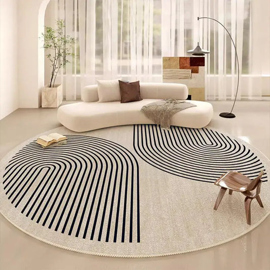 Round Cream Area Rug with Black Arch Lines