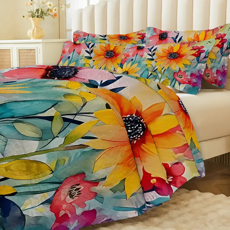 Quilted Bedspread Set with Sunflower Print