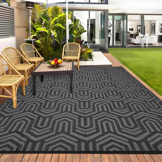Charcoal Geometric Woven Outdoor Area Rug