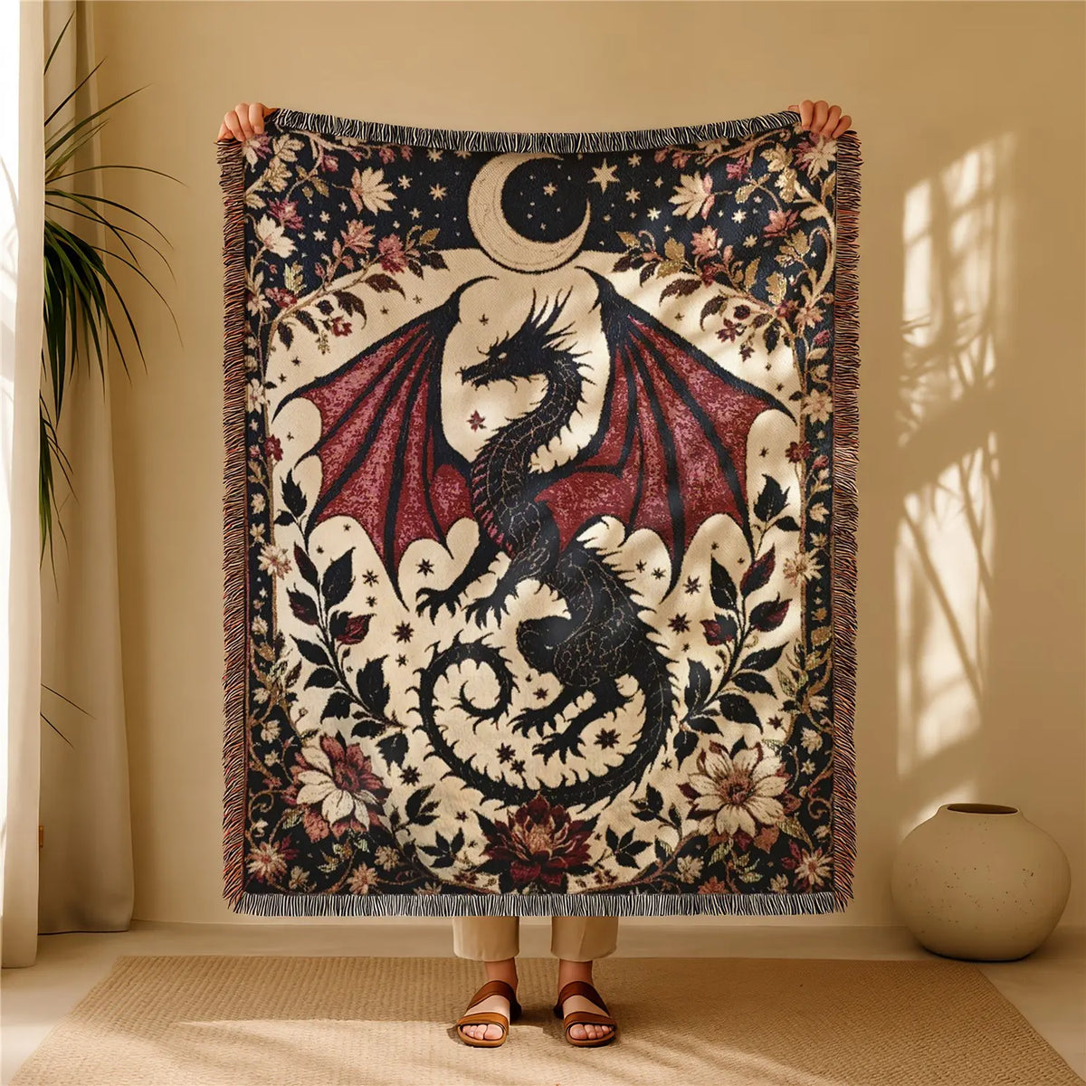 Woven Dragon Pattern Throw Blanket with Fringe