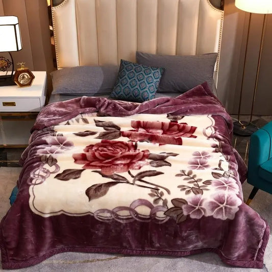 Plush Mauve Blanket with Large Rose Print