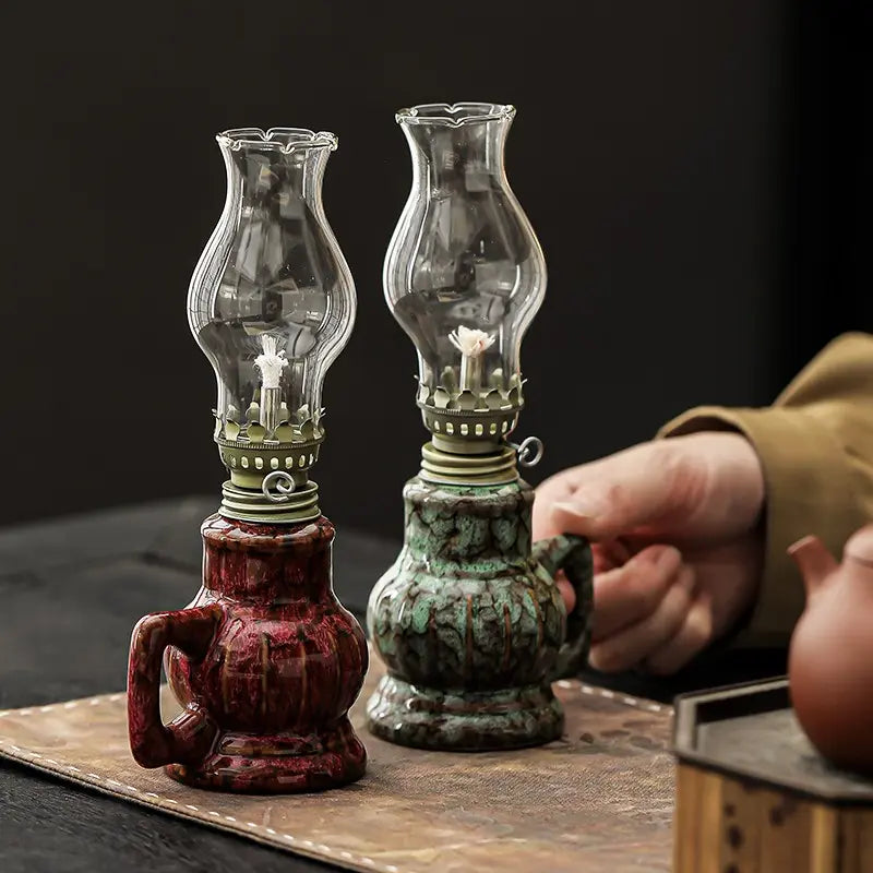 Green Glazed Ceramic Oil Lamp with Glass Chimney