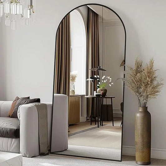 Tall Arched Full-Length Mirror with Black Frame