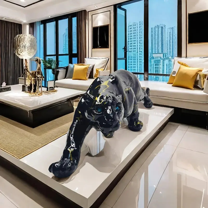 Black Resin Panther Statue With Gold Veining