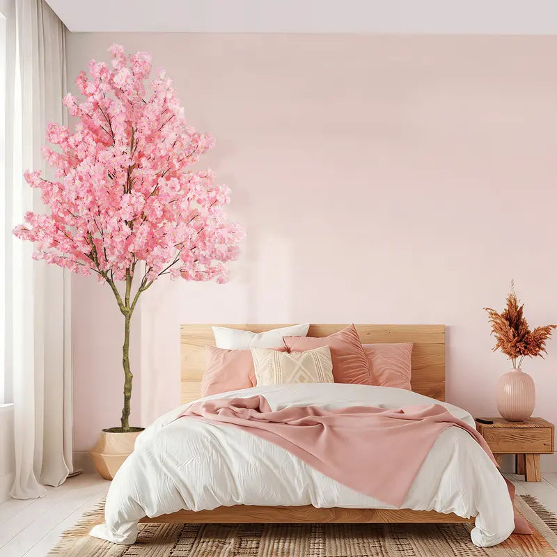 Tall Faux Cherry Blossom Tree in White Pot