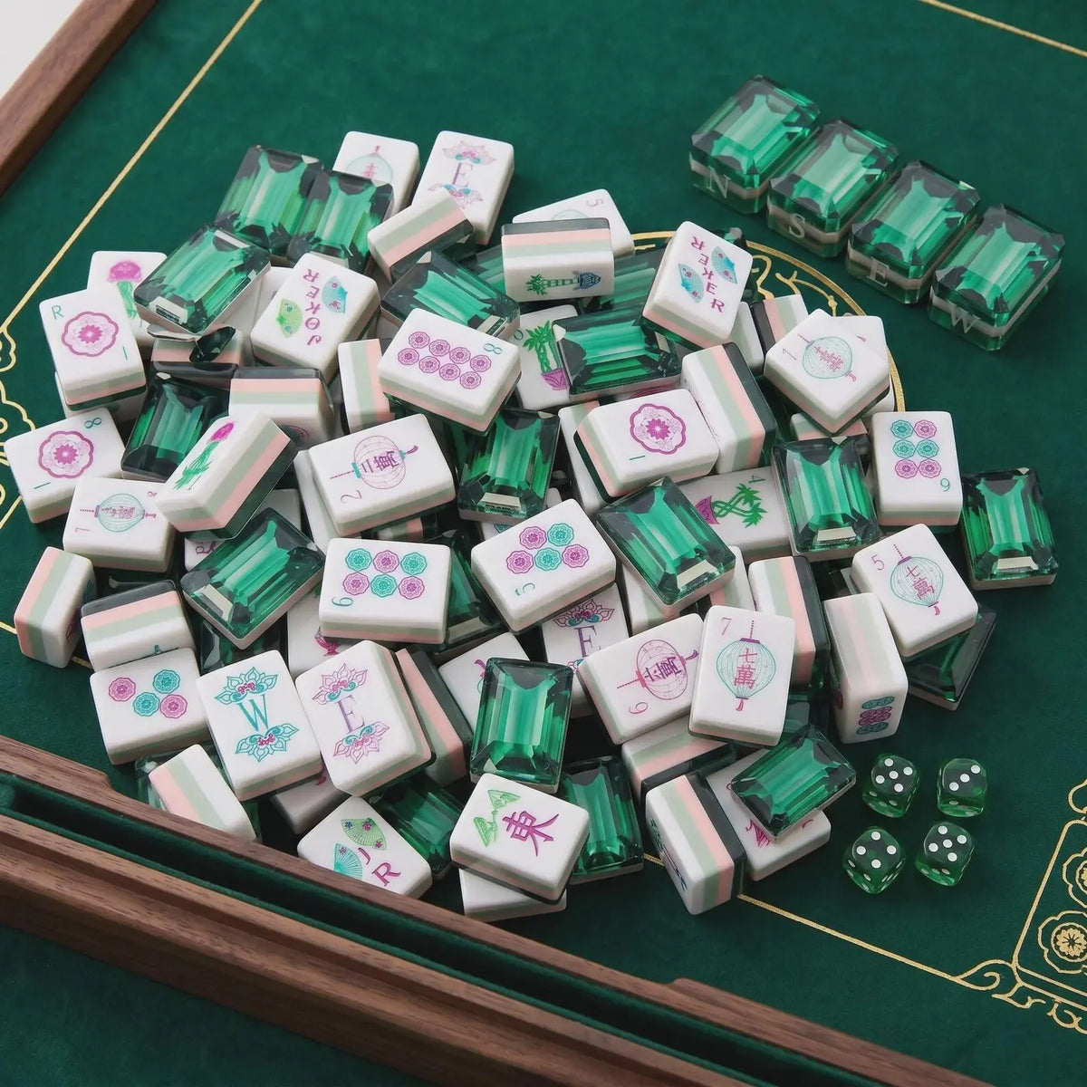 Green and White Mahjong Tile Set With Dice