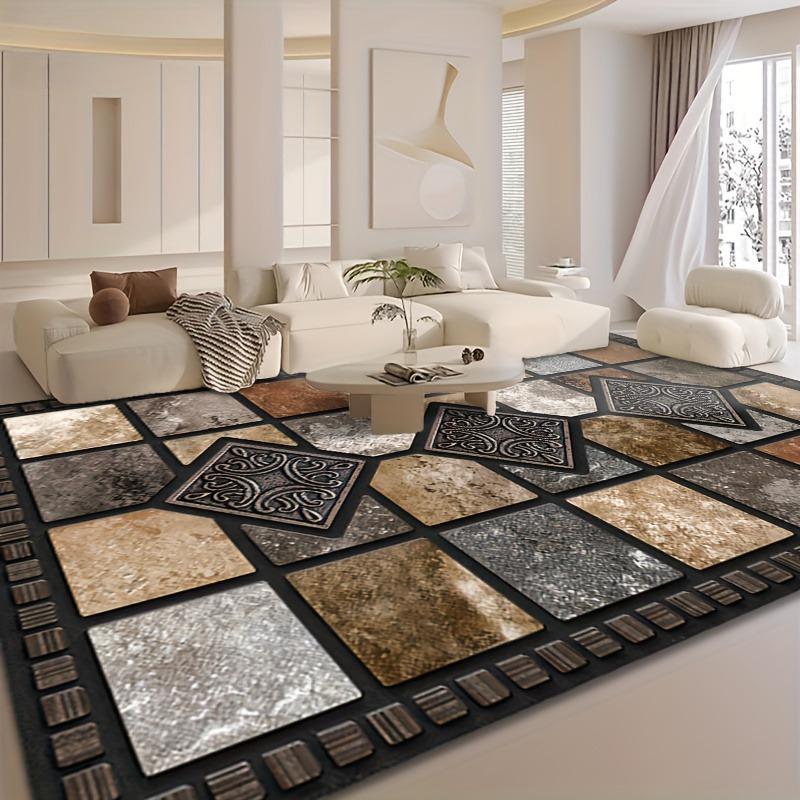 Patchwork Tile Print Area Rug, Black Border