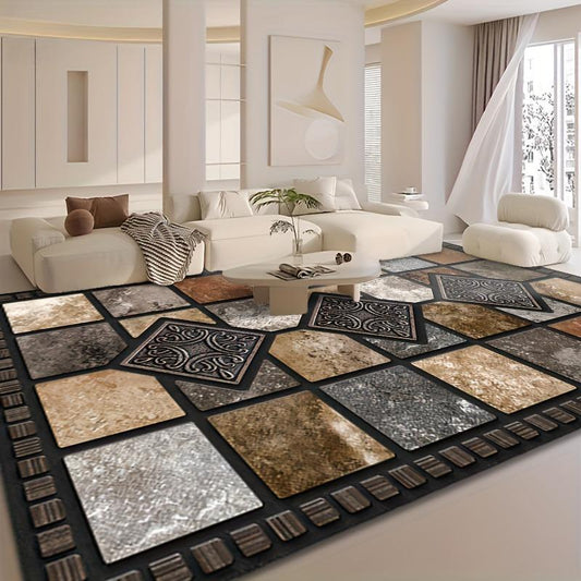 Patchwork Tile Print Area Rug, Black Border