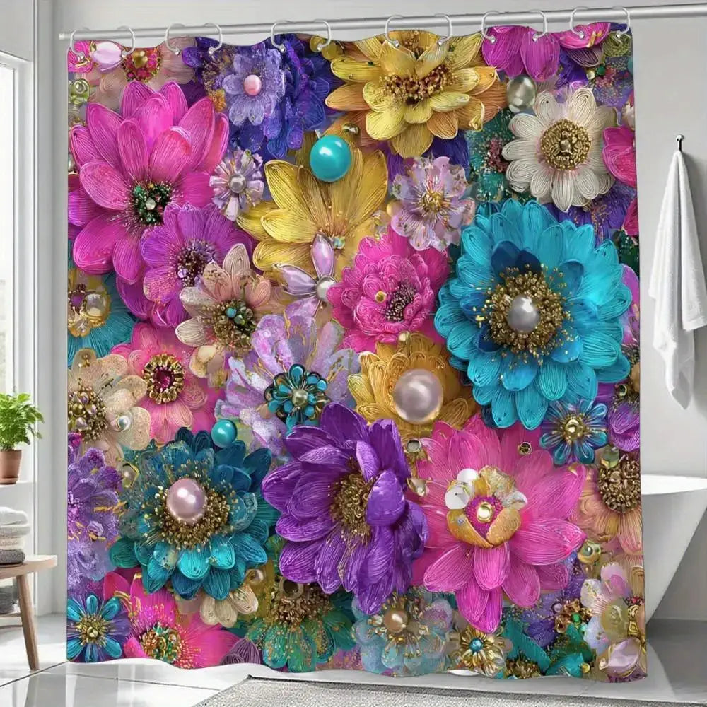 Colourful Floral Fabric Shower Curtain with Hooks