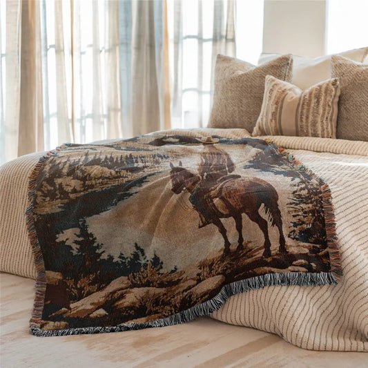 Woven Fringed Throw Blanket with Horse and Rider Scene