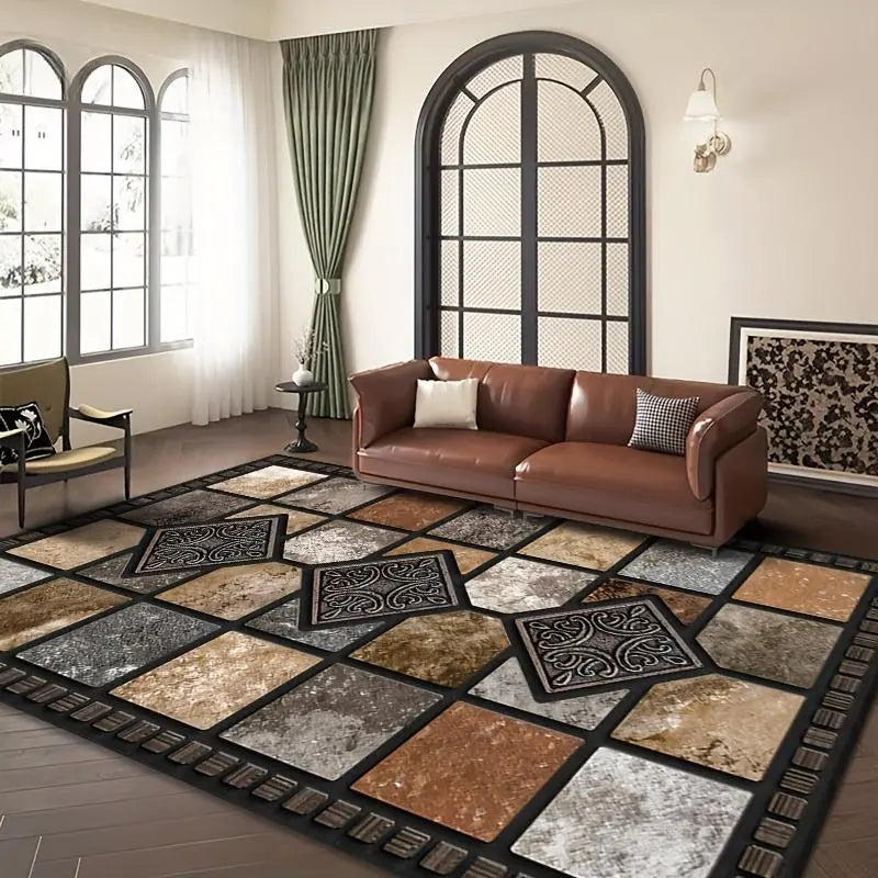 Patchwork Tile Print Area Rug, Black Border