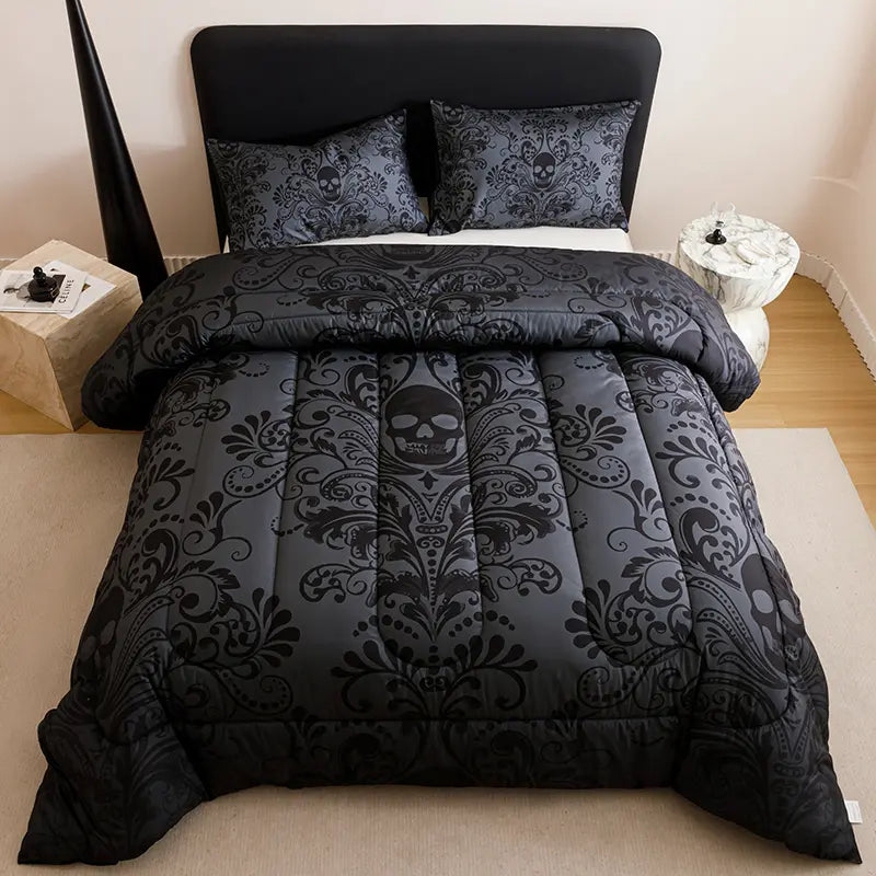 Black and White Skull Print Quilt Bedding Set