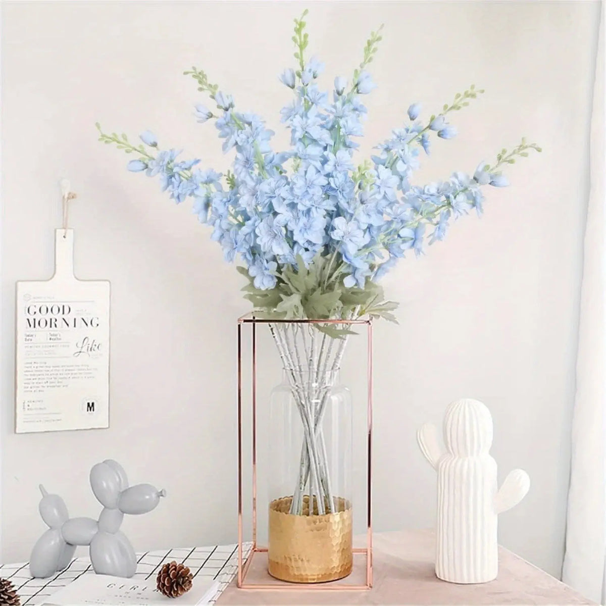 Light Blue Artificial Delphinium Stems in White Vase
